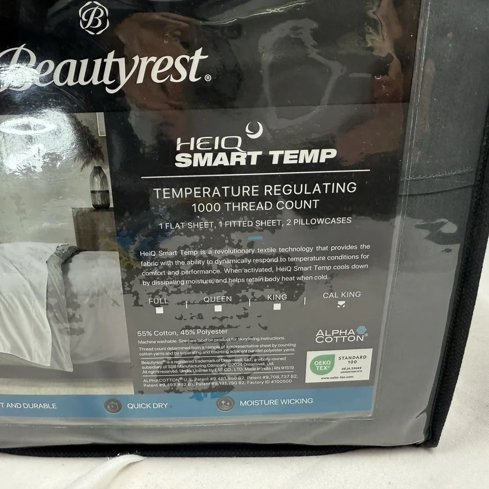 Beautyrest Cal King 4pc 1000 Thread Count HeiQ Smart Temp Cotton Blend Sheet Set - Picture 2 of 7
